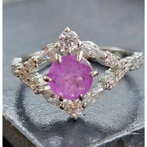 Elegant Rhodium-Plated Size 9 Ring with Simulated Amethyst and Clear Stones